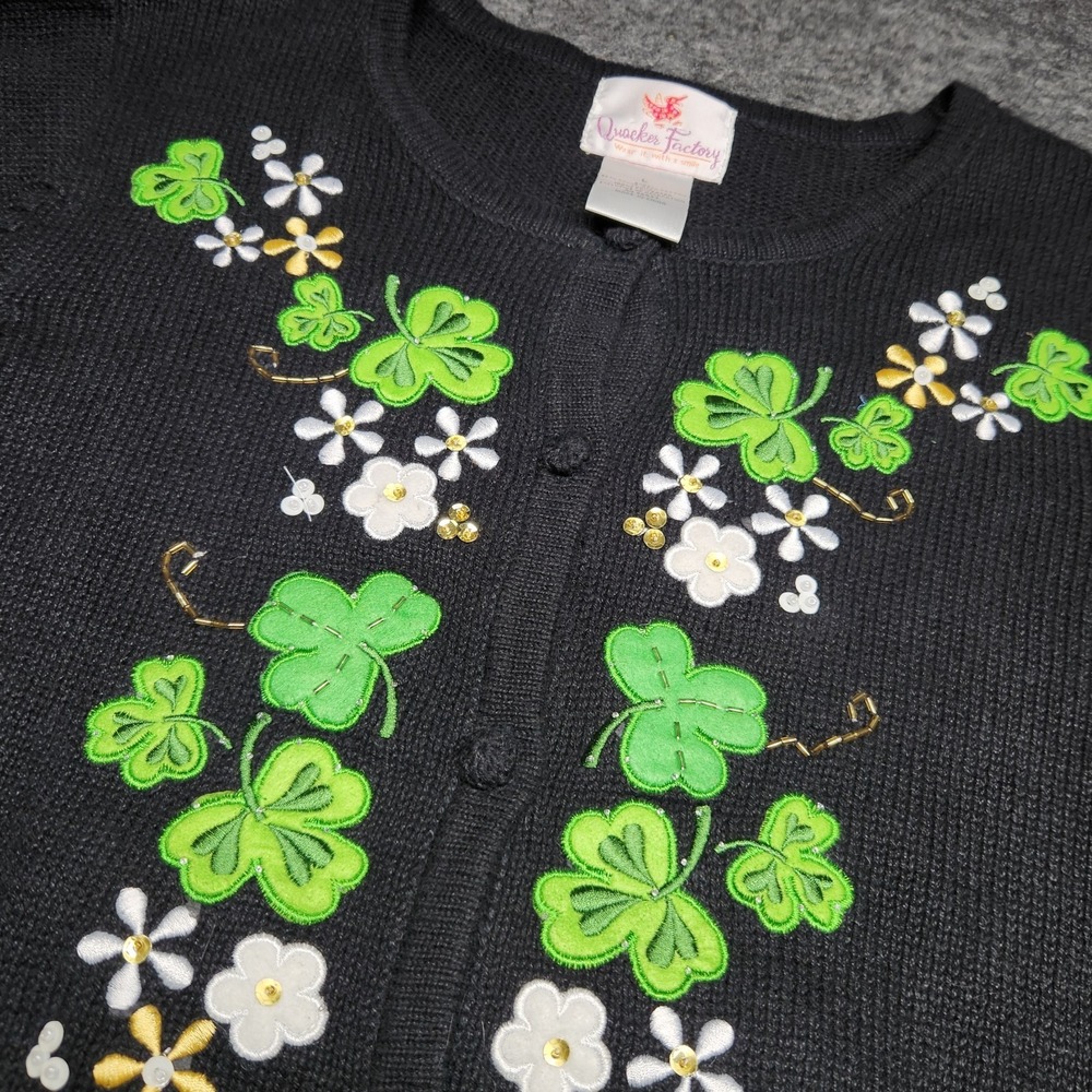 Quacker Factory St Patricks Day Shamrock Beaded Cardigan Sweater Large Irish